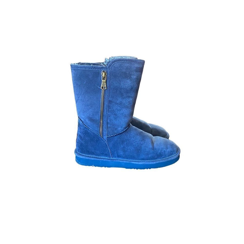 Lamo blue suede double zip calf length boots faux fur size 8